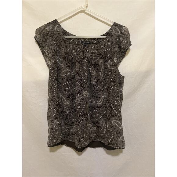 Anne Klein Large Women’s Blouse Paisley Cap Sleeve Round Neck Top Brown/White - Picture 15 of 15